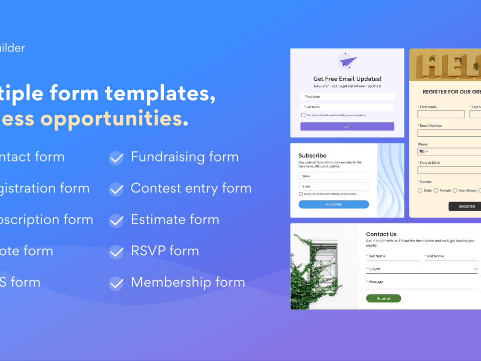 Custom Form Builder, Contact Forms, Payment Forms, Surveys, Polls